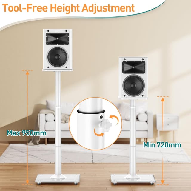 Detalle 2 de ELIVED : 1 paire de supports universels pour enceintes d’étagère, hauteur réglable jusqu’à 95 cm (blanc)