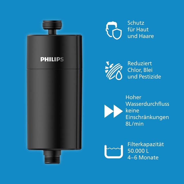 Detalle de Philips Water Wasser-Inline-Duschfilter 50.000.L (Schwarz) – reduziert Chlor im Duschwasser