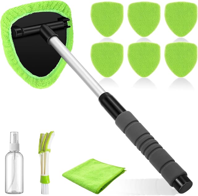 Detalle de Autofensterreiniger mit ausziehbarem Griff, 6 Mikrofasertupfer und Sprühflasche – Kit für Windschutzscheibe & mehr