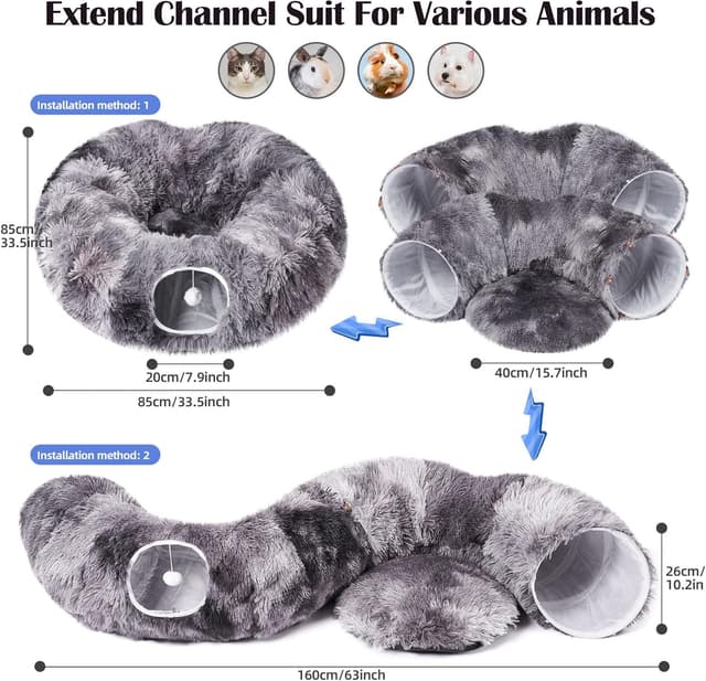 Detalle de Odoland 2-in-1 Cat Tunnel Bed set with washable cushion, donut tunnel & hanging toys (dark grey)