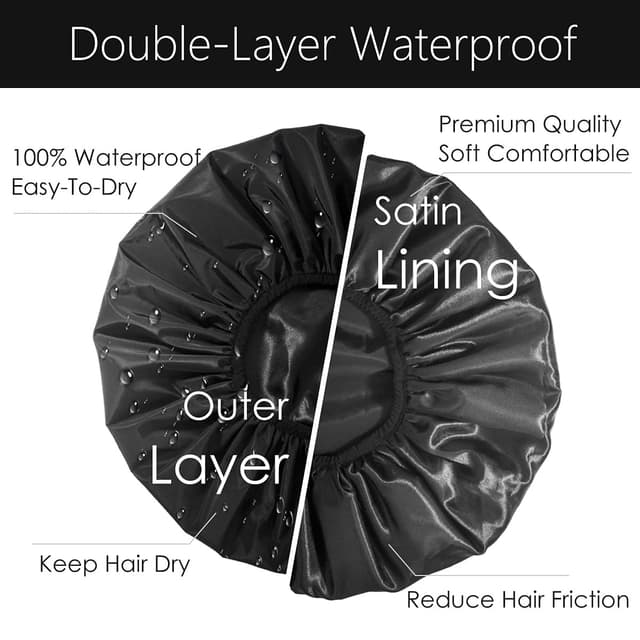Detalle de Auban Extra Large Shower Cap (XL) — Double-Layer Waterproof Reusable Bonnet for Long Hair, Braids & Locs (Black)