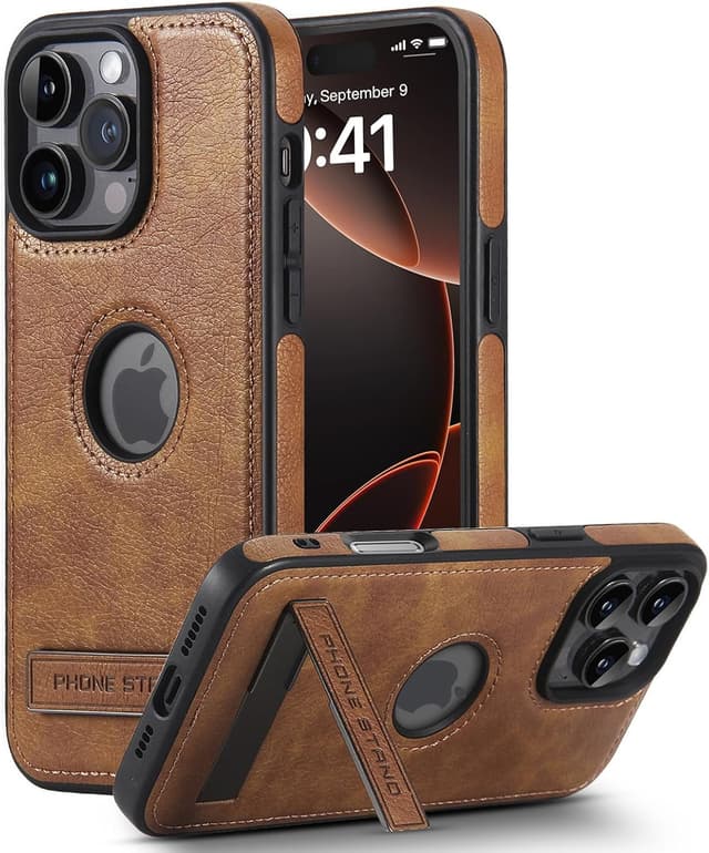 Detalle de KSELF Leather Case for iPhone 16 Pro Max (6.9") with Built-in Invisible Kickstand, Protective Slim TPU + PU Leather, Brown