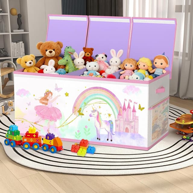 Detalle de Extra Groß Aufbewahrungsbox Spielzeugkiste mit Deckel (faltbar) – Beige & Lila