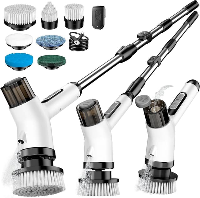 Detalle de FYDEE Brosse de nettoyage électrique rotative sans fil IPX7, manche télescopique et 7 têtes interchangeables