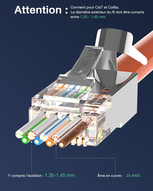 Thumbnail 6 de VCELINK (2e génération) lot de 10 connecteurs RJ45 Cat7/Cat6A blindés avec passe-fil et protection anti-torsion