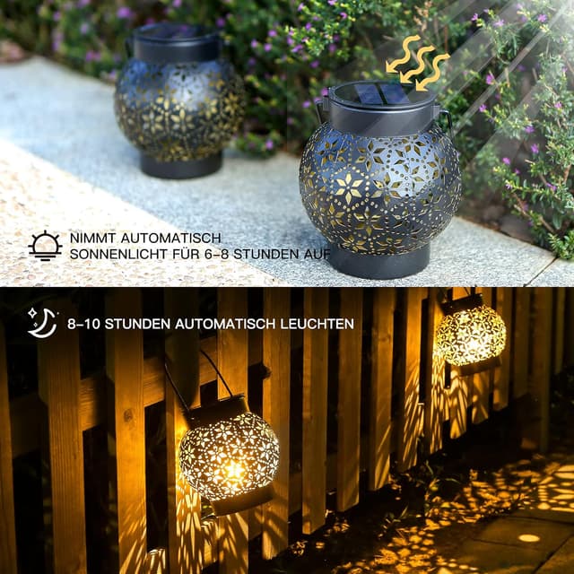 Detalle de Görvitor Solarlaterne für Außen (2er-Set) IP65 – Metall, warmweißes LED-Licht für Garten, Balkon & Terrasse