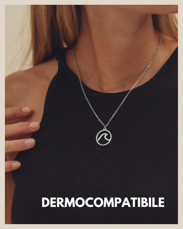 Detalle 2 de GD GOOD.designs Catena Wave da donna: collana surf impermeabile in acciaio inox con ciondolo a onda