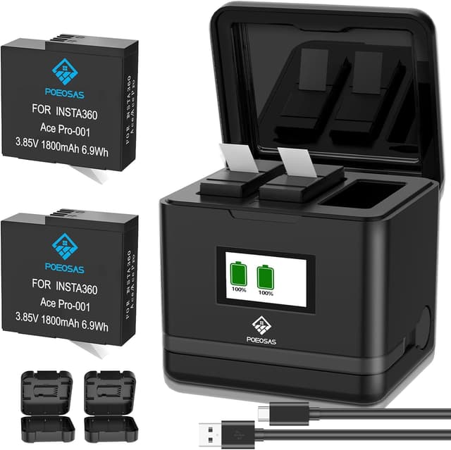 Detalle de POEOSAS 360 Ace Pro Ersatzakku-Set (2er-Pack) mit 3-Slot LCD-Ladegerät für insta360 Ace Pro/Ace Pro