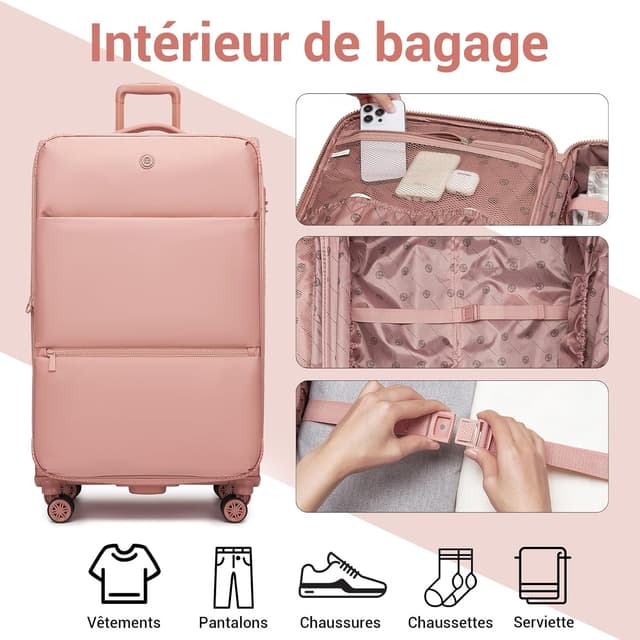 Detalle 2 de Miss Lulu Valise Grande Taille 30 pouces extensible 85 cm, 112 L, tissu nylon 75D/750D imperméable, roues 360° et serrure TSA (rose)