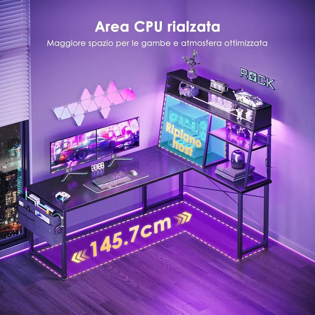 Thumbnail 6 de Coleshome Scrivania Gaming con LED RGB e angolo reversibile 150x100 cm, nera