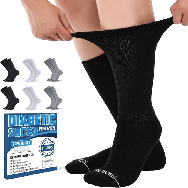 Detalle de Frelimiu Diabetic Non-Binding Crew Socks for Men (6 Pairs) — Seamless Toe, Soft Cushioned Sole, Loose Top