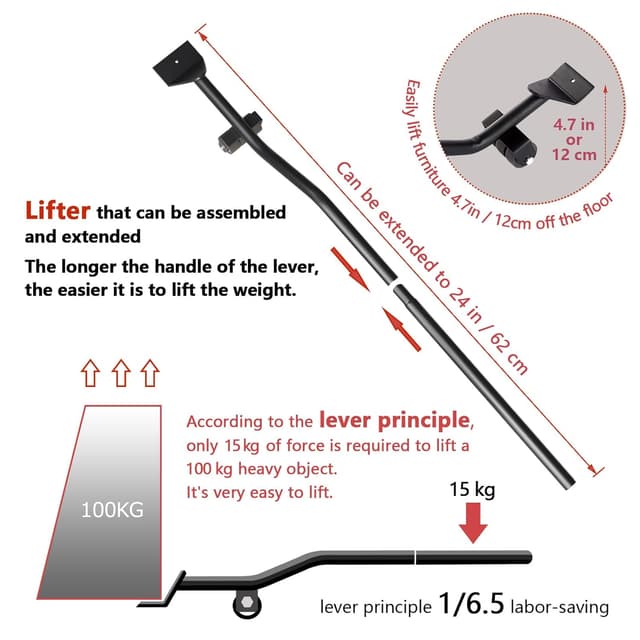 Detalle 2 de ONEON Furniture Movers with Wheels & Lifter Set – 300 kg Capacity Dolly, Extendable Lifter & Jacks