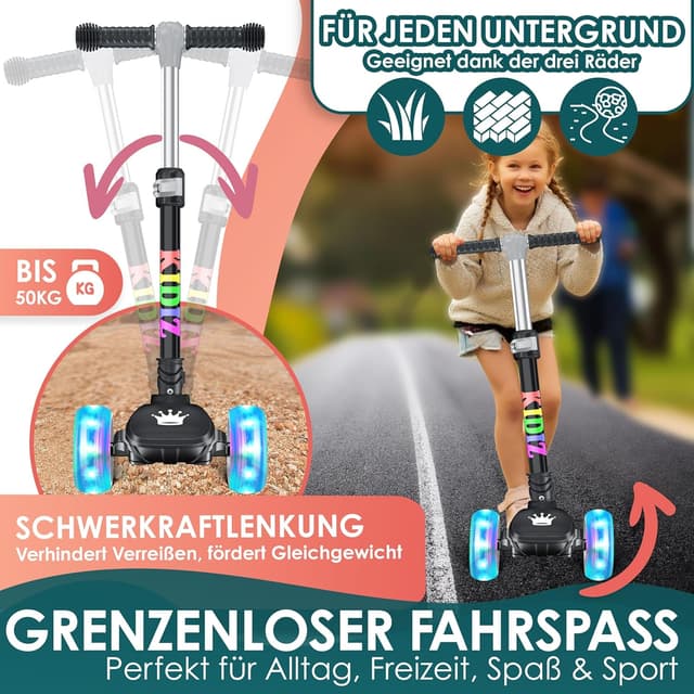 Detalle de KIDIZ Roller Kinder Scooter X-Pro2 – faltbarer 3-Rad-Tretroller mit LED-Lenkung für 3–12 Jahre