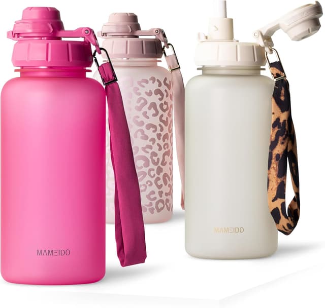 Detalle de MAMEIDO Trinkflasche mit Strohhalm, Zeitmarkierung und Tritan – auslaufsicher, BPA-frei, 1 l