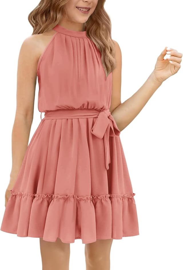 Detalle de Newffr Girl's Halter Neck Tie Waist A-Line Sundress (Mini Swing Pleated Dress) for Ages 4–12