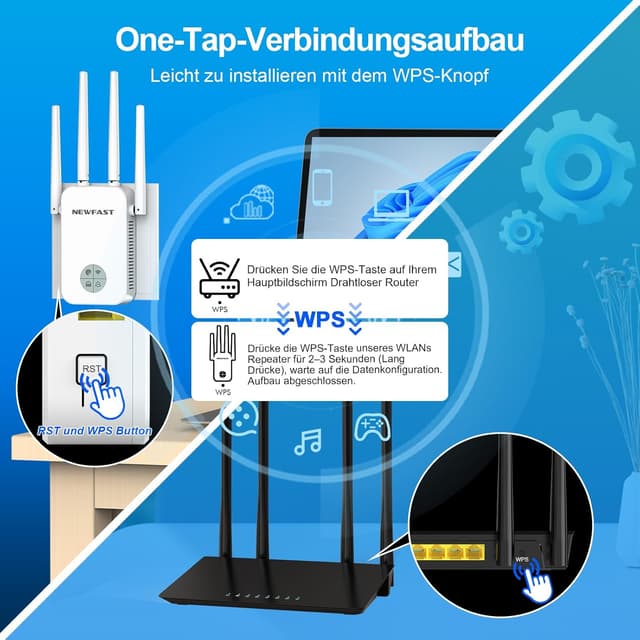 Detalle de NEWFAST WLAN Repeater 1200 Mbit/s Dualband – WiFi-Extender mit 4 drehbaren Antennen, Ethernet-Port & MU-MIMO