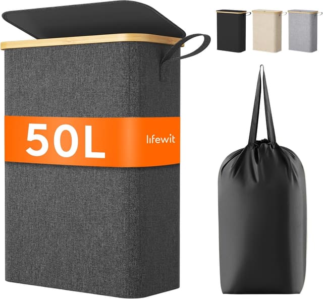 Detalle de Lifewit 50L schmaler Wäschekorb mit Deckel aus Bambus & Oxford-Gewebe – faltbar, mit Tragegriff, Schwarz