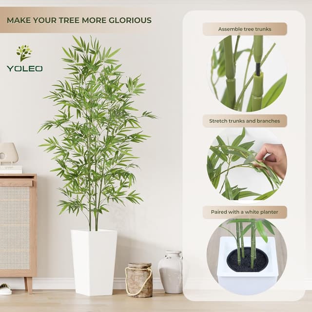 Detalle de YOLEO 6FT Artificial Bamboo Tree with White Tall Planter (180cm) – lifelike faux silk bamboo for indoor and balcony decor