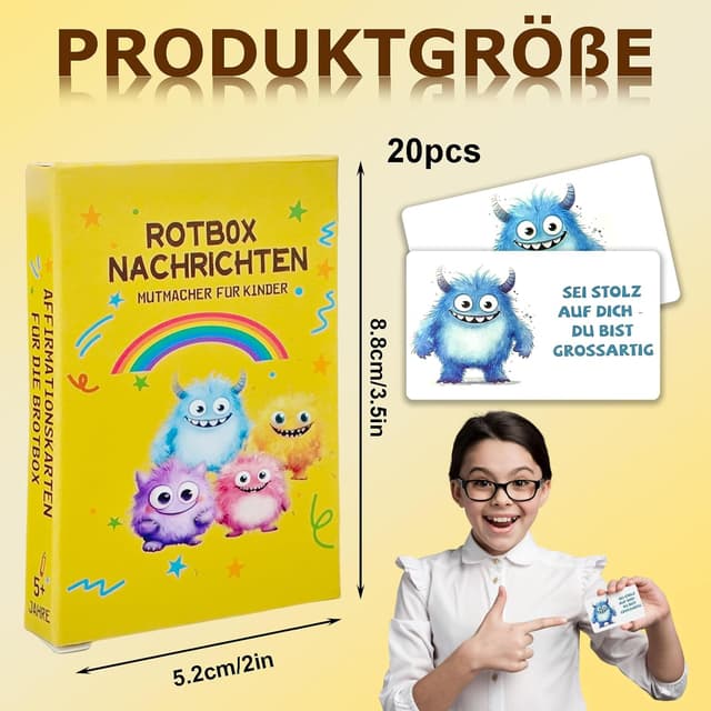 Detalle 2 de Oizemori 20 Affirmationskarten für Kinder – Mutmacher mit Monster-Motiven für Schule, Kita & Brotdose