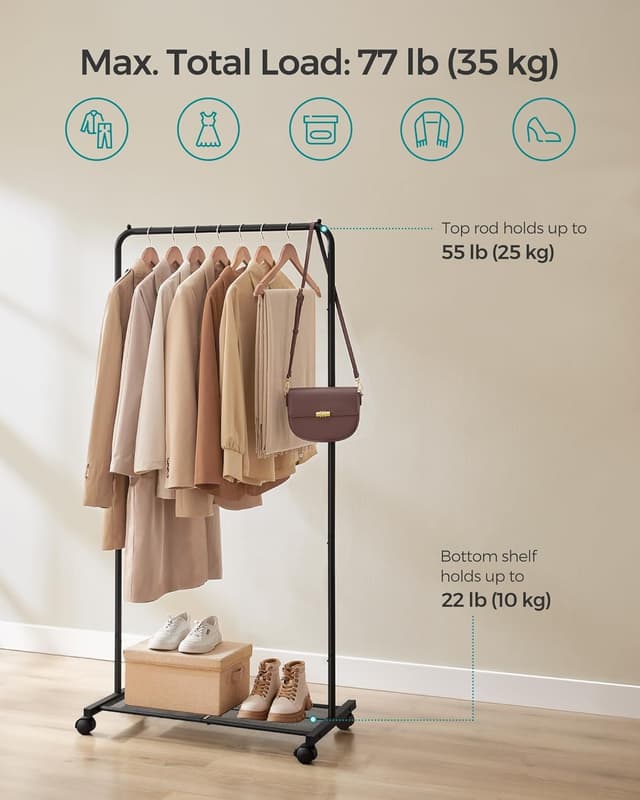 Detalle de SONGMICS HSR130B01 Clothes Rack with Wheels (74 cm) with Mesh Storage Shelf and 2 Brakes