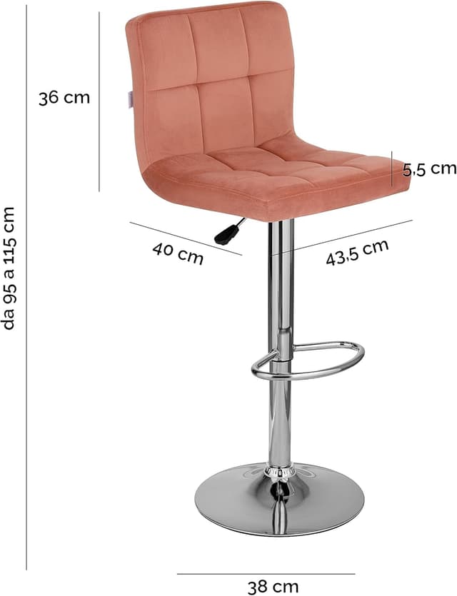 Thumbnail 2 de Baroni Home sgabello da bar con schienale, regolabile e girevole a 360° in velluto rosa