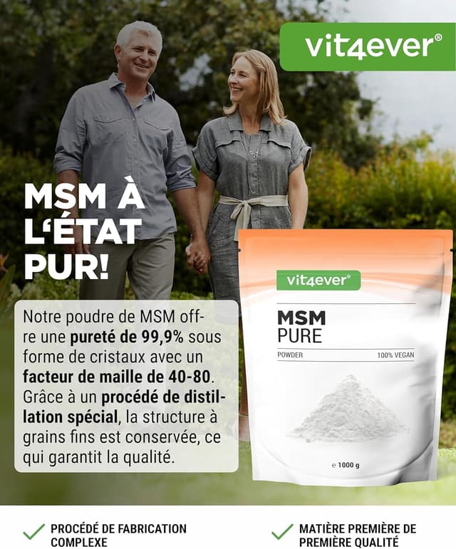 Detalle 2 de Vit4ever Poudre de MSM 99,9% (1 kg) – méthylsulfonylméthane cristallin, maille 40–80