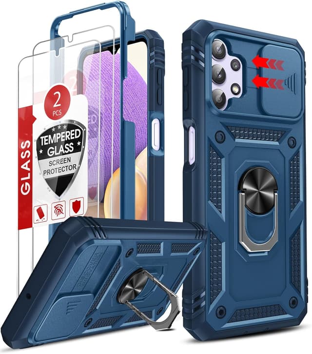 Detalle de LeYi Protective Case for Samsung Galaxy A32 5G with Sliding Camera Cover, Ring Stand and Tempered Glass