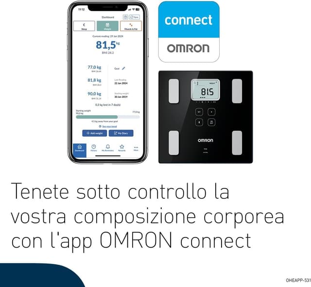 Detalle 2 de OMRON VIVA bilancia pesapersone digitale con analisi di grasso viscerale e sincronizzazione Bluetooth