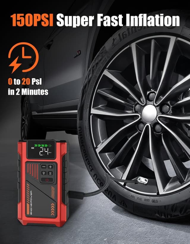 Detalle de Eigotrav 6000A Jump Starter Power Pack with 150 PSI Air Compressor (12V, LCD, LED light, 10L petrol / 8.5L diesel)