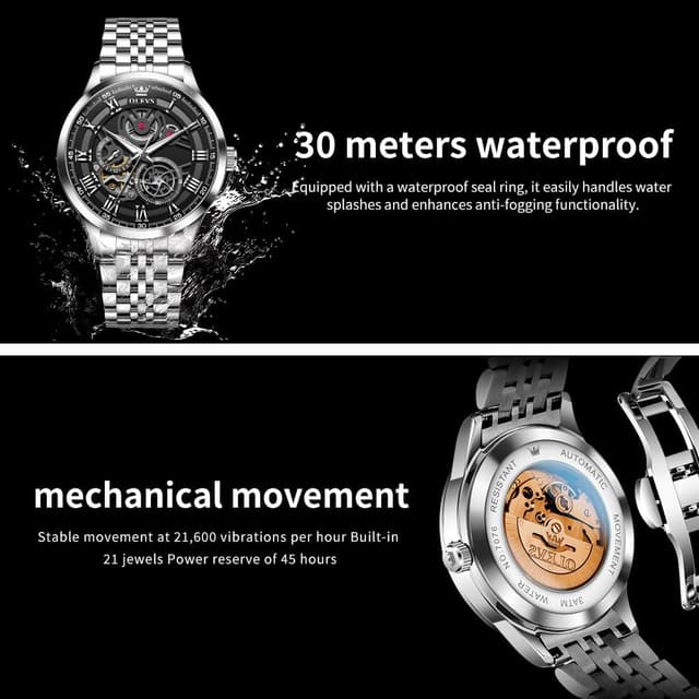 Detalle de OLEVS Herren Uhr Quarz „Luxus Business“ mit Skelettdesign, Chronograph & Mondphase