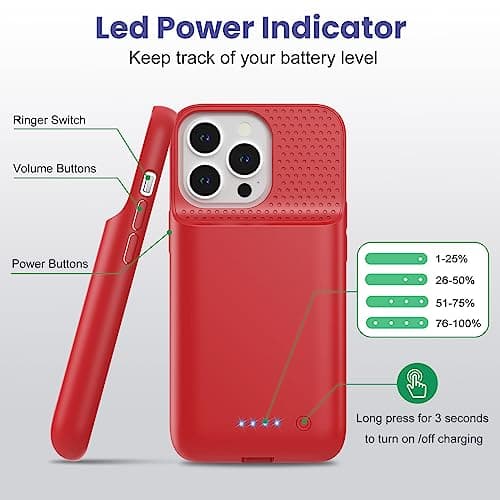 Detalle de Feob Funda Batería para iPhone 16 Pro 🔋 7500mAh, Rojo