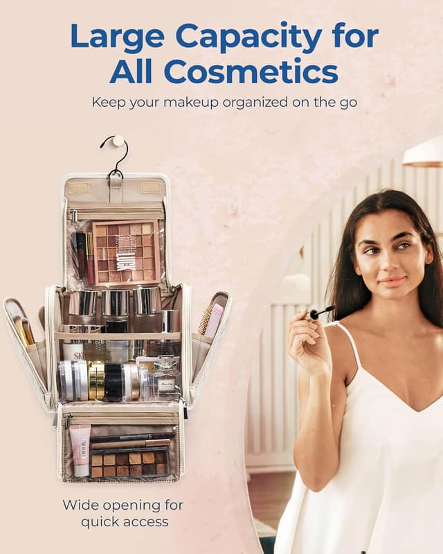 Detalle de BAGSMART Make-Up Organiser – großer Kulturbeutel zum Aufhängen in Beige