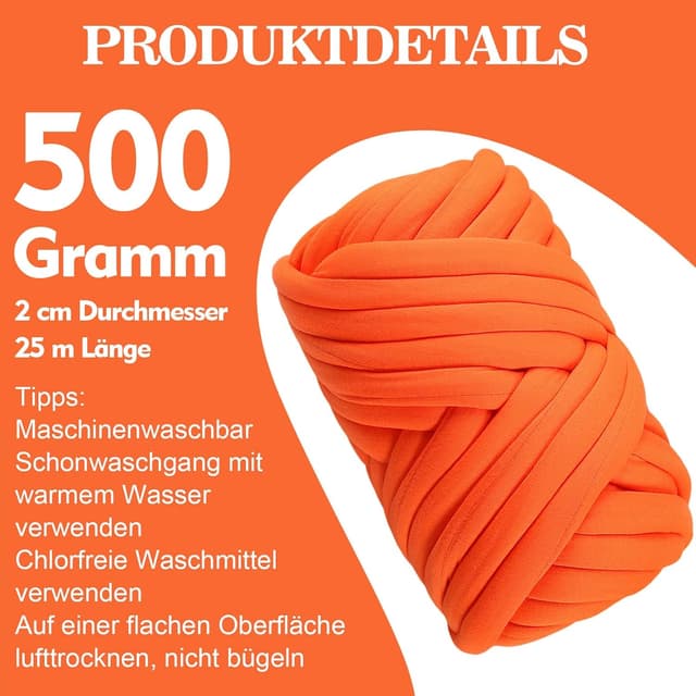 Detalle 2 de Armstricken Wolle 500 g Chenille-Schlauchgarn (2 cm) – dickes Jumbo-Garn zum Stricken & Häkeln, Orange