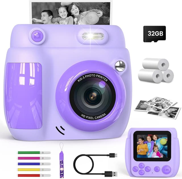 Detalle de Gofunly Kids Camera Instant Print (1080P, 2.4-inch) with 32GB card & 3 paper rolls, Purple