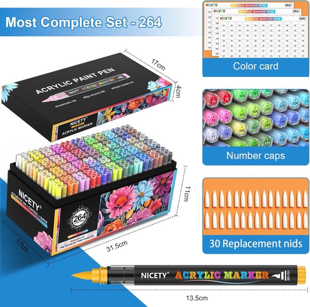 Detalle 2 de NICETY 264 Colours Acrylic Paint Pens with brush tips for rock, wood and craft marking
