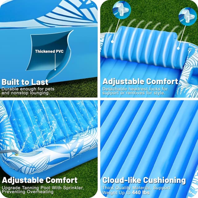 Detalle de TURNMEON Inflatable Tanning Pool Lounger Float with Sprinkler (78"x50") — Pink/Blue, 2-Person Beach & Pool Float with Cup & Food Tray