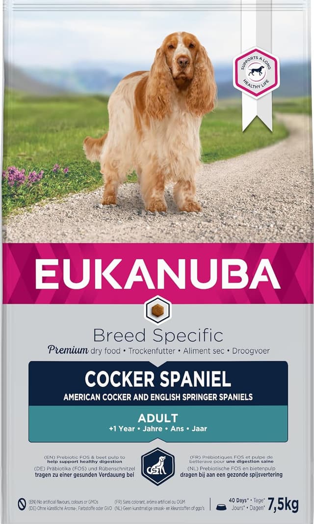 Detalle de Eukanuba Breed Specific Cocker Spaniel Adulti, alimento secco con prebióticos e DentaDefense, 7,5 kg
