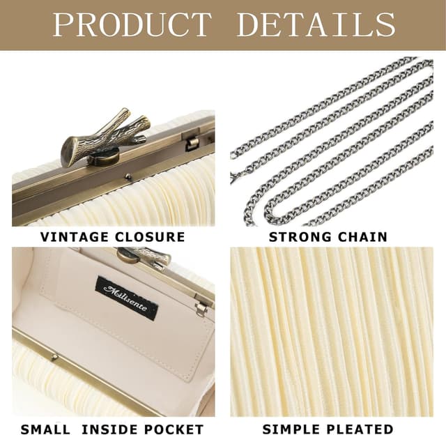 Detalle de Milisente clutch bag for women with top handle, pleated satin finish and antique brushed gold clasp