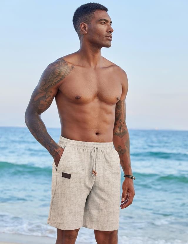 Detalle de COOFANDY Men’s Linen Casual Shorts with Elastic Waist and Drawstring Pockets