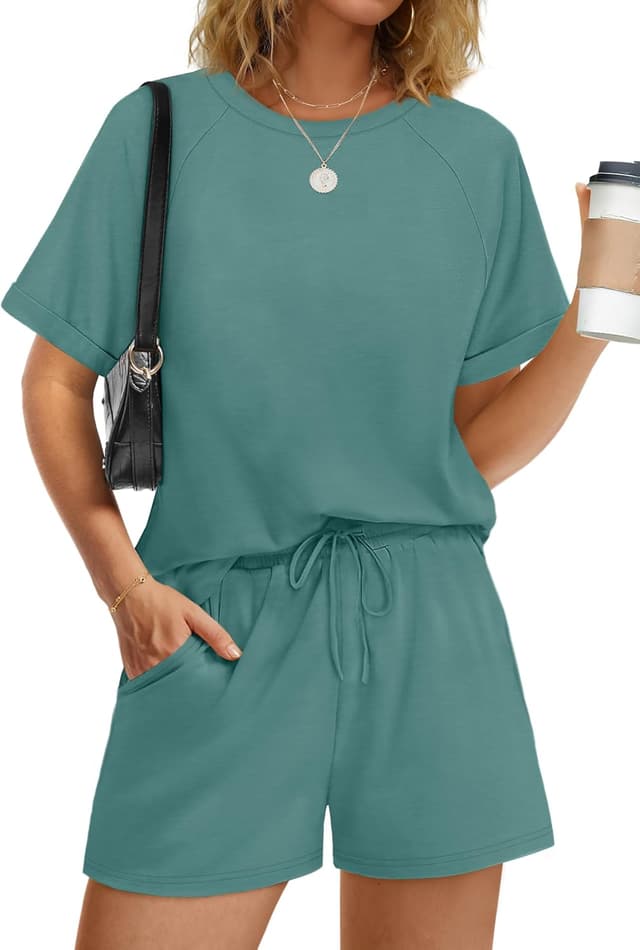 Detalle de WIHOLL Two-Piece Short Sets for Women — Casual Short Sleeve Crew Neck Lounge Matching Set