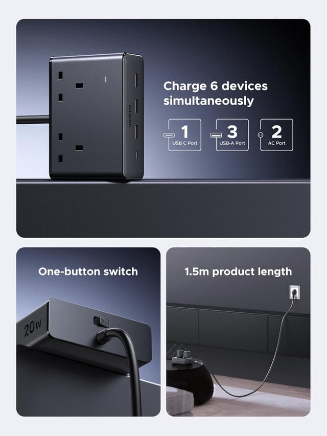 Detalle 2 de UGREEN Extension Lead 1.5m with 4 USB slots 🔌