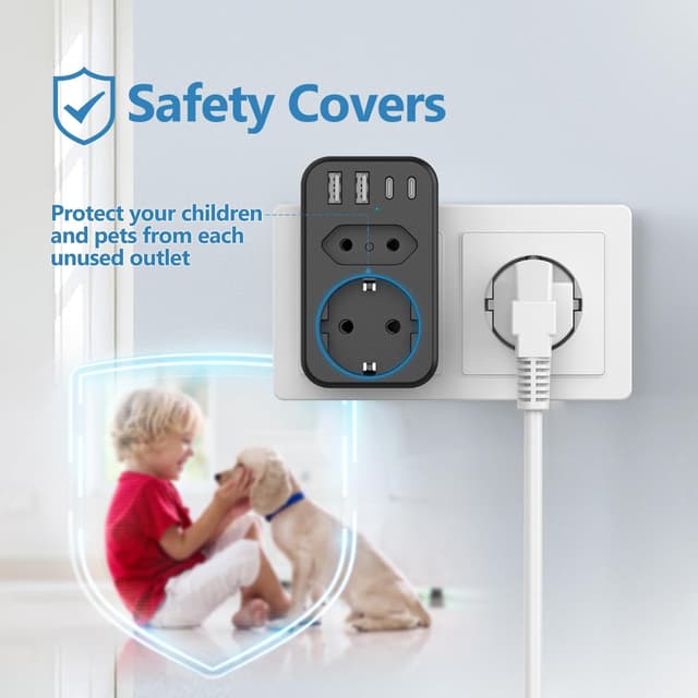 Detalle de JSVER 3680W (max 16A) multipresa con 1 Schuko, 1 presa europea e 4 porte USB-C/USB-A