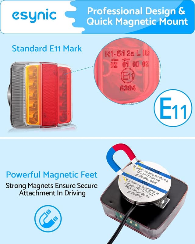 Detalle de eSynic 2 Pack Magnetic 18 LED Trailer Light Kit (12V, 7-pin, magnetic mount, IP65 waterproof) with 7.5m cables