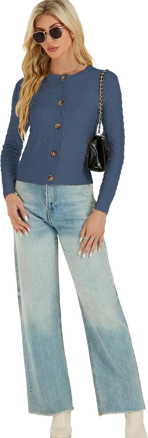 Detalle 2 de Enjyam Damen Strickjacke Elegant kurz mit Knöpfen, Rundhals & Lochmuster (Cardigan/Bolero)