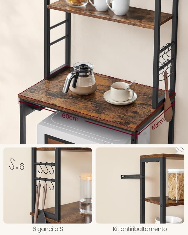 Thumbnail 6 de VASAGLE KKS124K01 scaffale da cucina con ciabatta e supporto microonde, 6 ripiani e 6 ganci