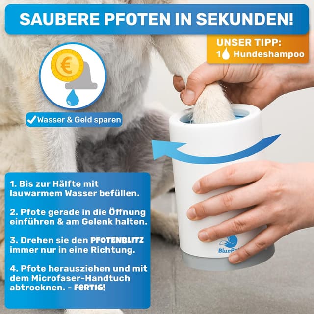 Detalle de BluePet Pfotenreiniger Pfotenblitz Größe L – entfernt Schmutz von Hundepfoten inkl. Mikrofaser-Handtuch