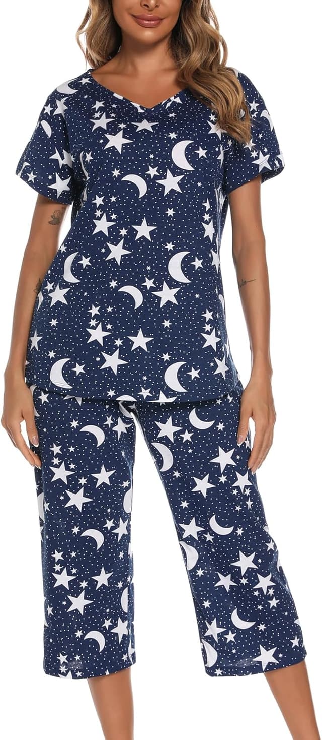 Detalle 2 de ENJOYNIGHT Women’s Cotton Pajama Set (Short-Sleeve V-Neck Top + Capri Pants)