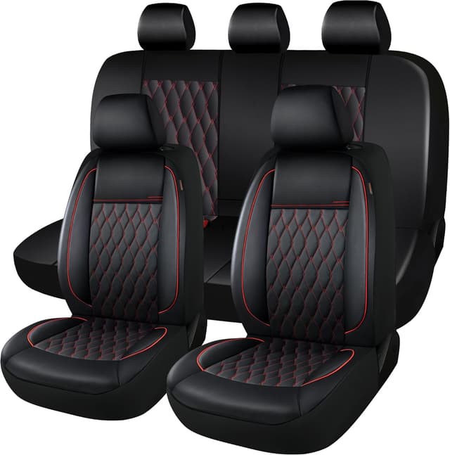 Detalle de CAROMOP Faux Leather Car Seat Covers Full Set (Split Bench Compatible, Airbag Compatible) — 5-Seat Black/Red