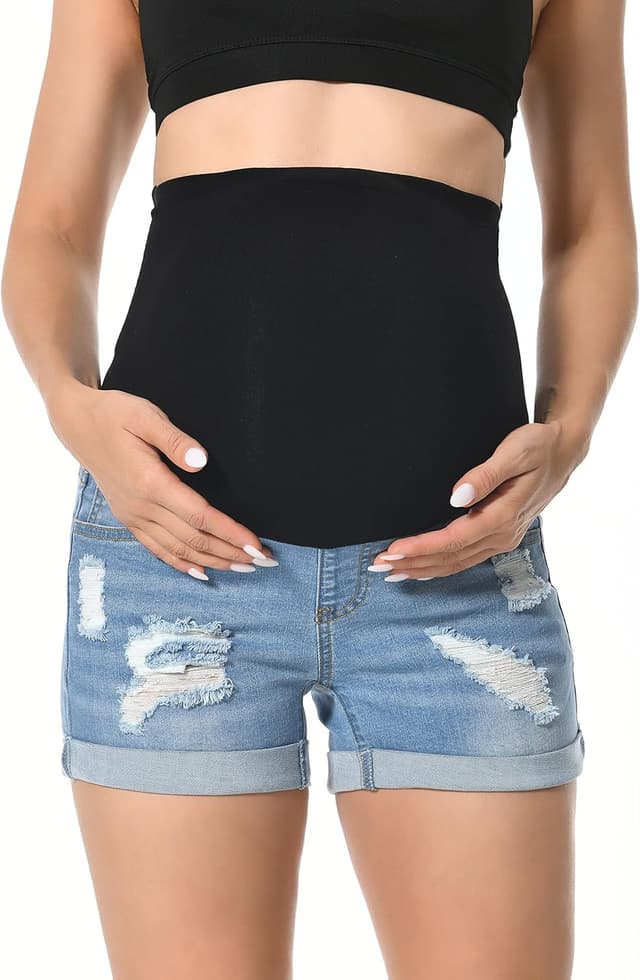 Detalle de V VOCNI Maternity Denim Shorts with High Waist & Distressed Cuffed Hem