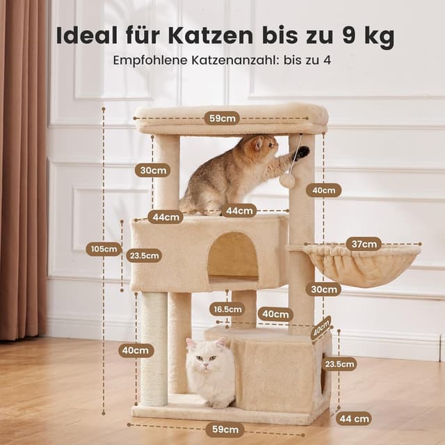 Detalle 2 de Gardner Pet Katzenbaum groß (105 cm) mit Kratzsäule, 2 Höhlen und Plattform – Beige
